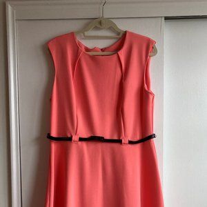 Bright Coral Sleeveless Belted Fit-N-Flare Dress